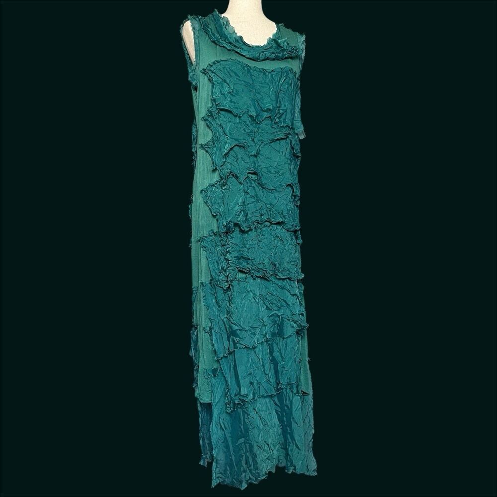 Ilenia M Silk Tiered Maxi Dress L Green Forest Fairy Grunge Whimsigoth Italy